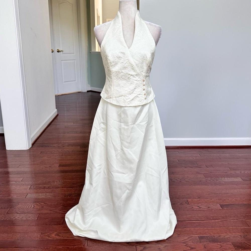 Patra Ivory White Gold Embossed Roses Hardware High Neck Feminine Gown Dress
